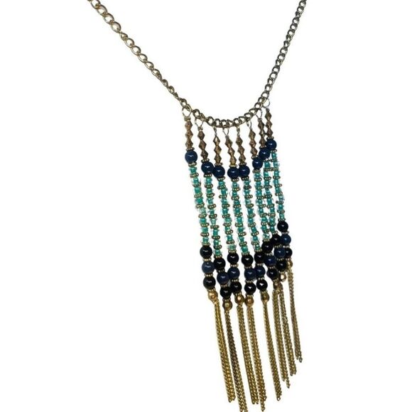 Navy And Light Blue Glass Beaded Dangle Fringe Gold Tone Vintage Necklace 23” - Picture 8 of 11